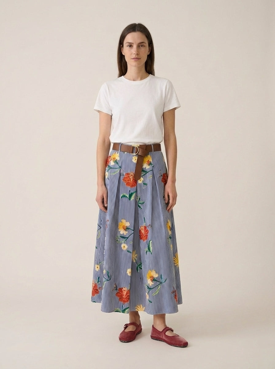Stripped Navy & White Skirt with Flowers