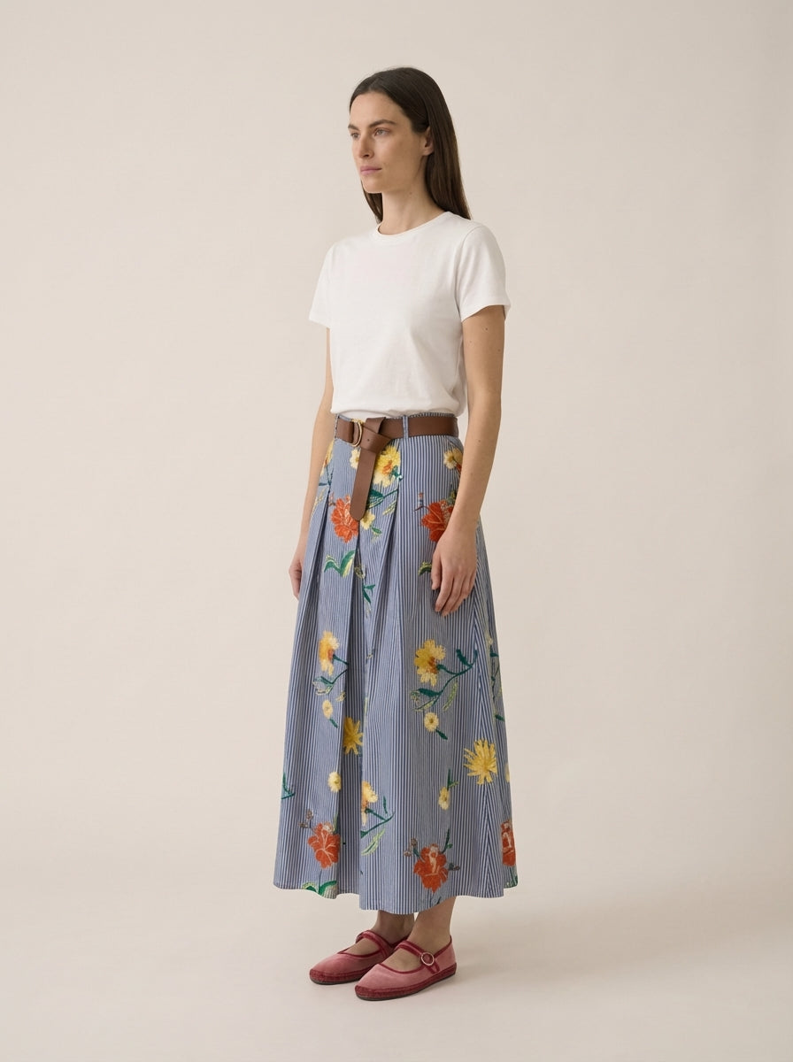 Stripped Navy & White Skirt with Flowers
