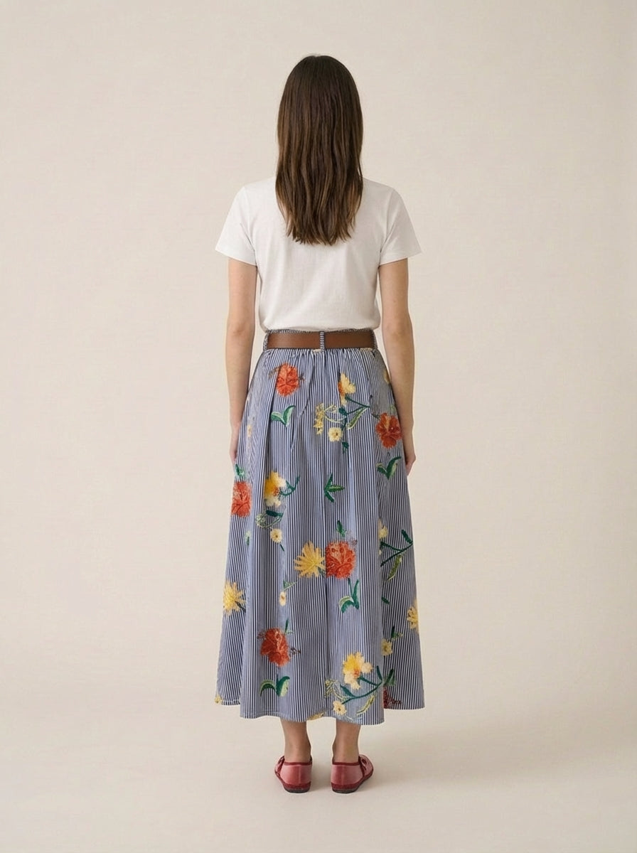 Stripped Navy & White Skirt with Flowers