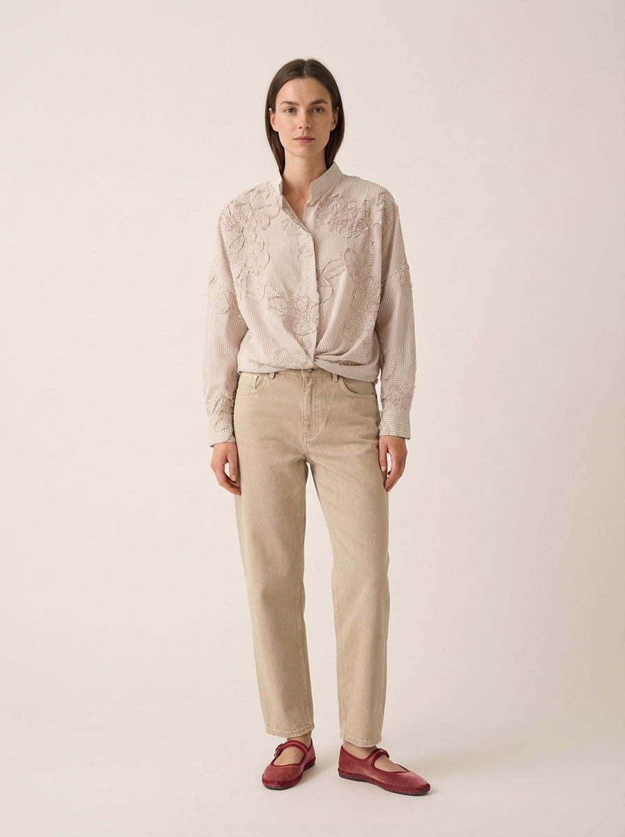 Beige Shirt with Embroidered Printed Flowers