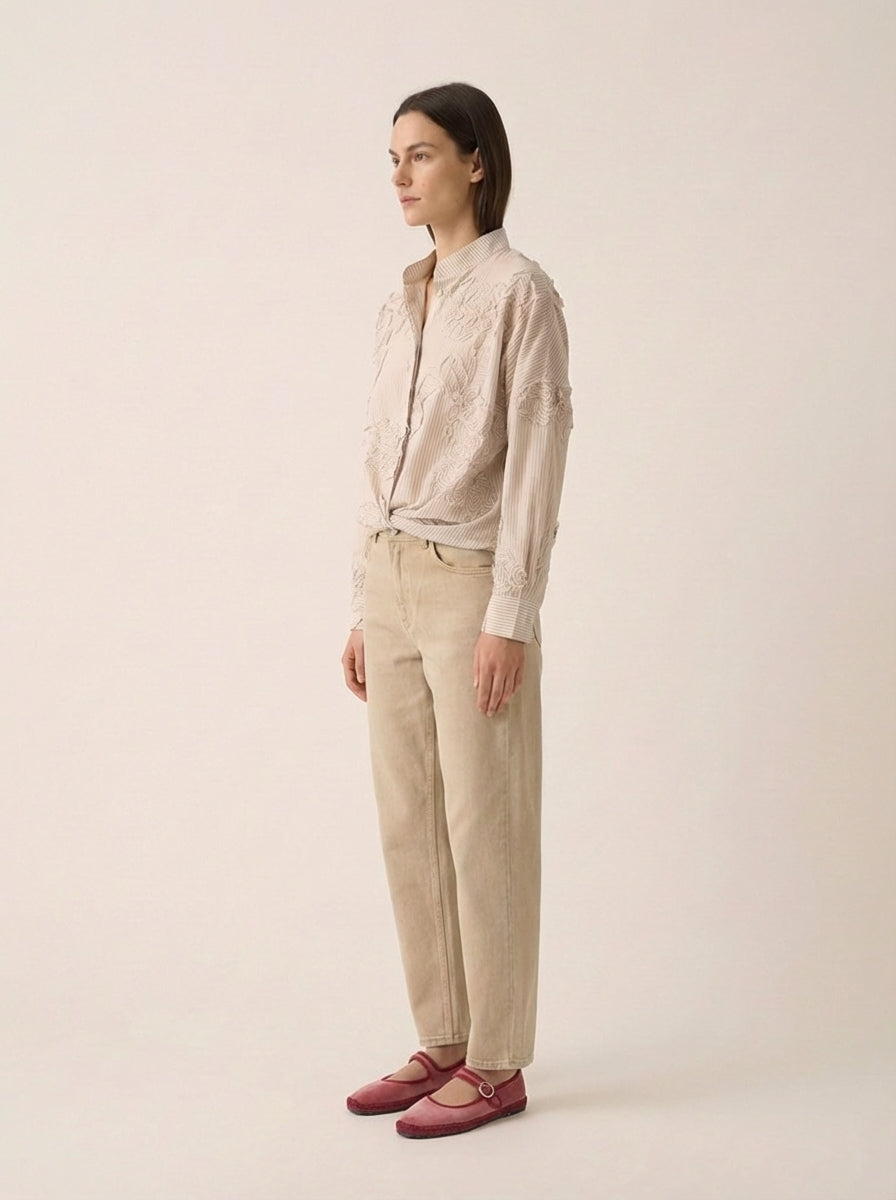 Beige Shirt with Embroidered Printed Flowers