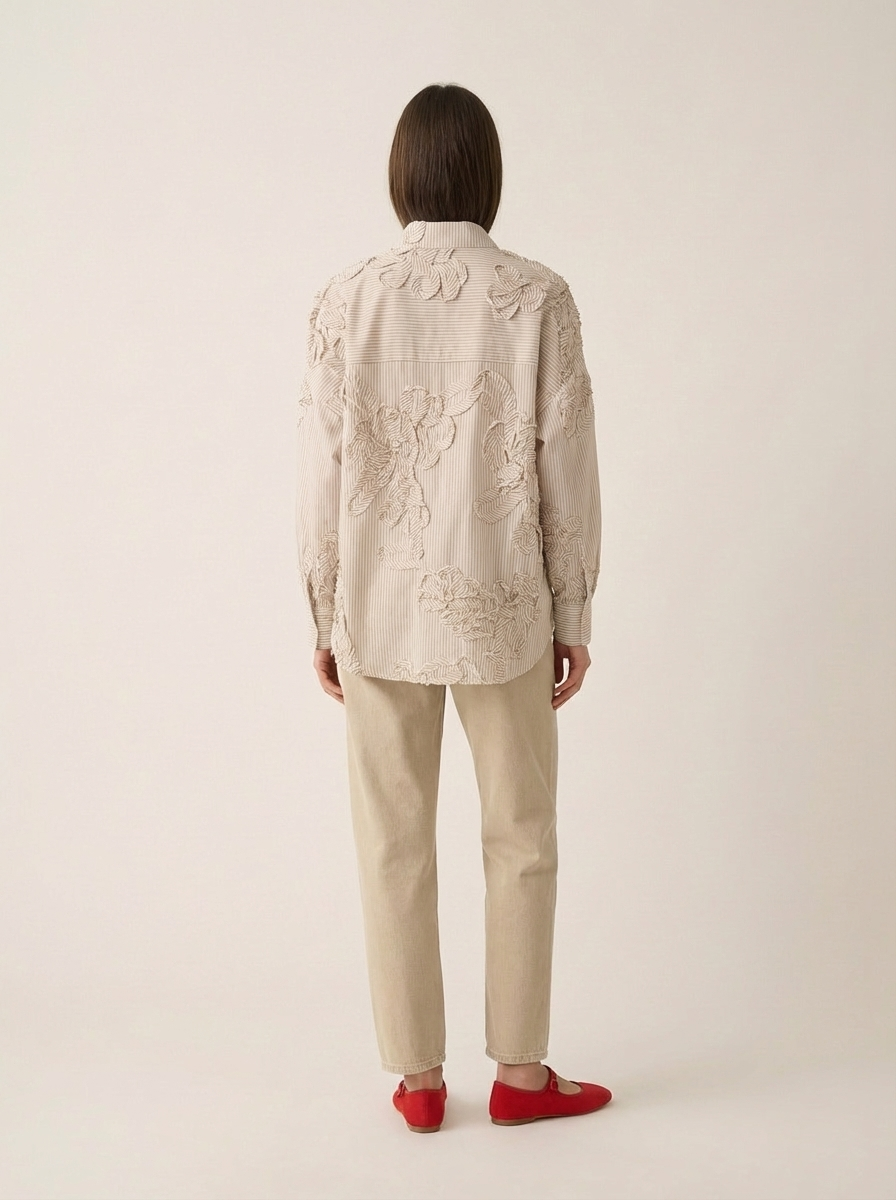 Beige Shirt with Embroidered Printed Flowers