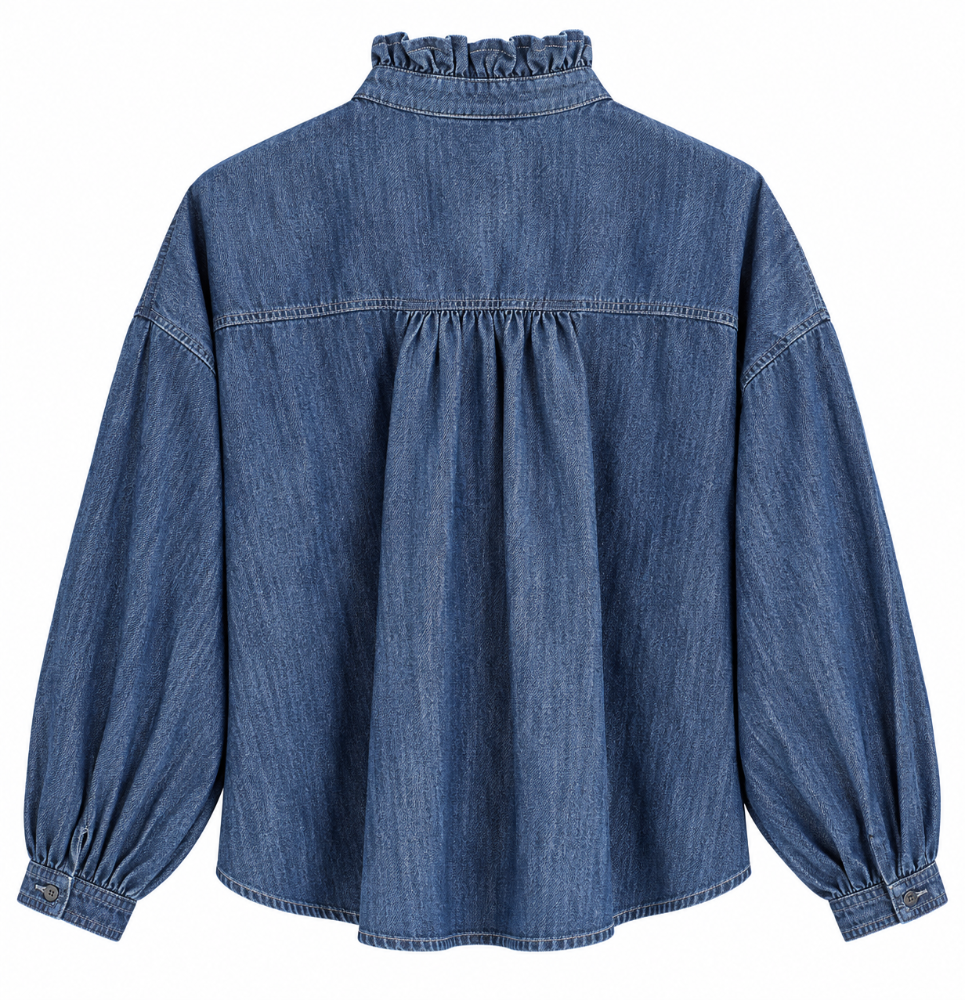 Dark Denim Shirt Embroidery Ruffled Neck