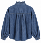 Dark Denim Shirt Embroidery Ruffled Neck