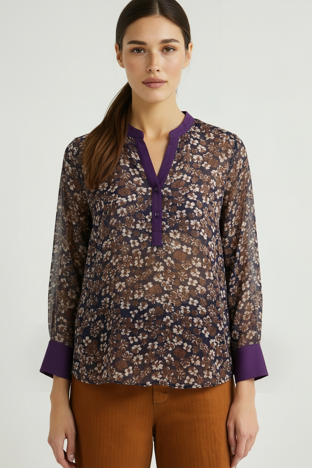 Floral Brown Shirt with Purple Neckline