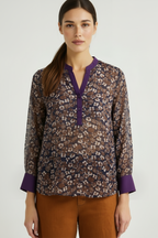 Floral Brown Shirt with Purple Neckline