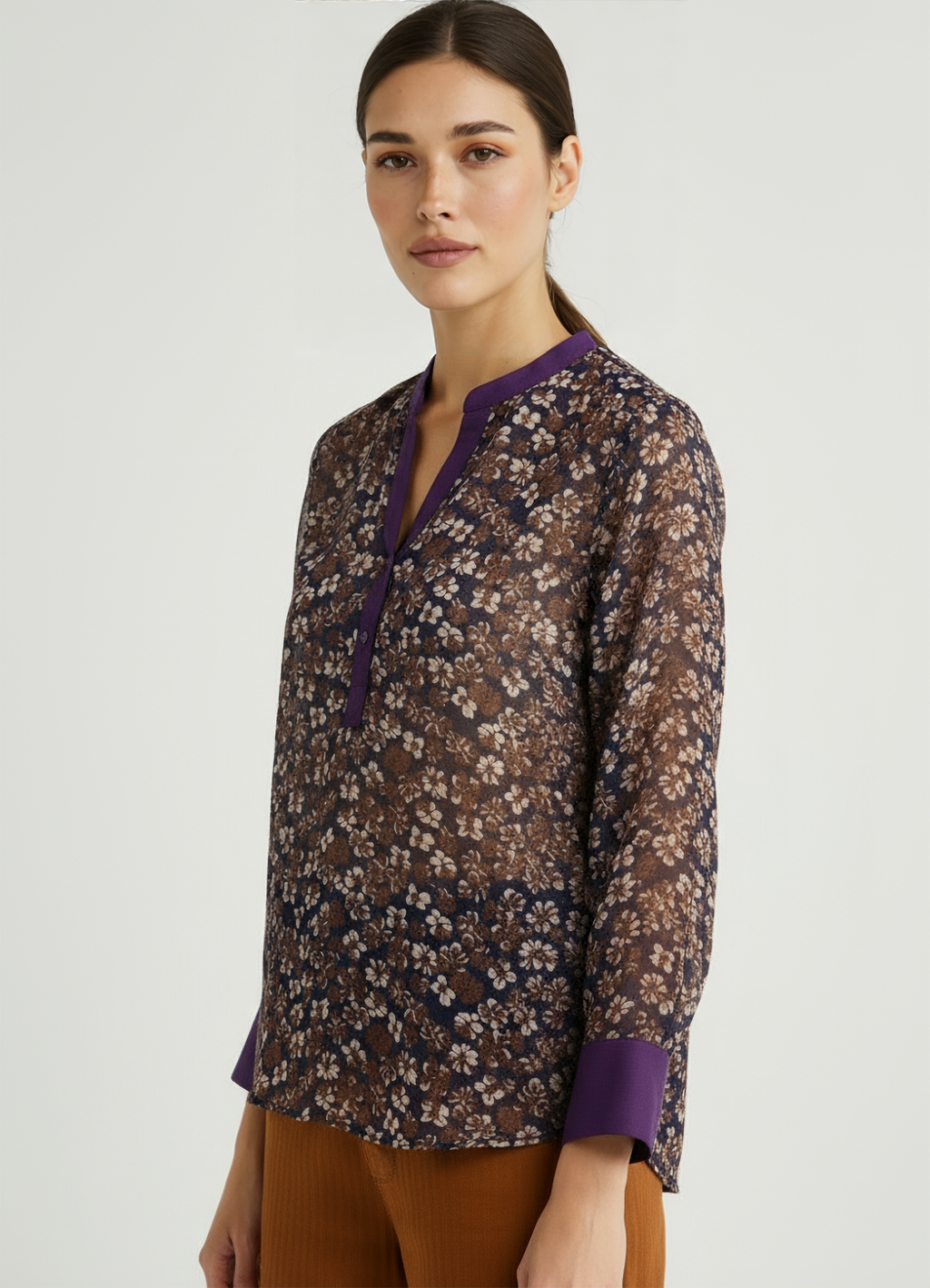Floral Brown Shirt with Purple Neckline