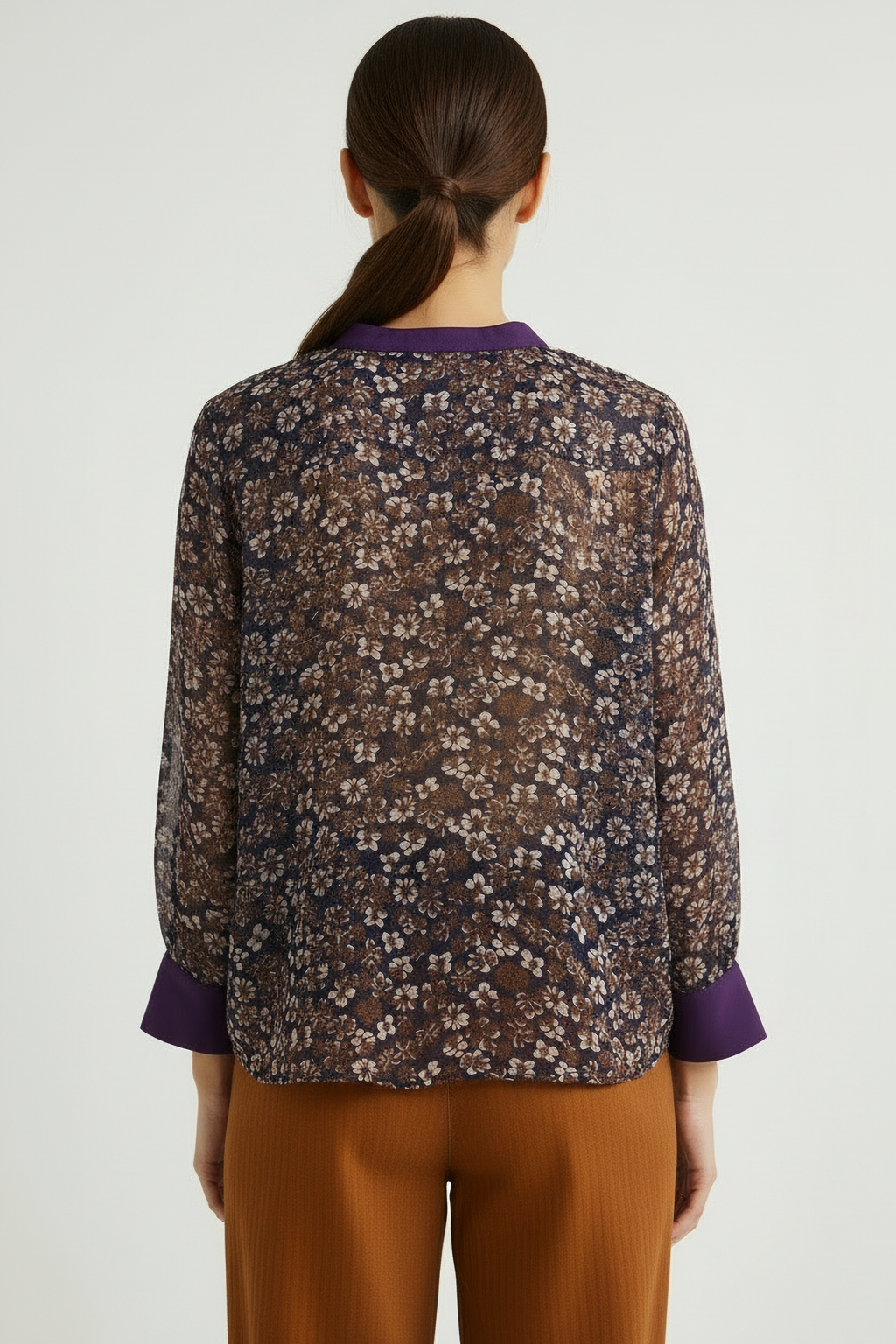 Floral Brown Shirt with Purple Neckline