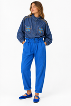Dark Denim Shirt Embroidery Ruffled Neck