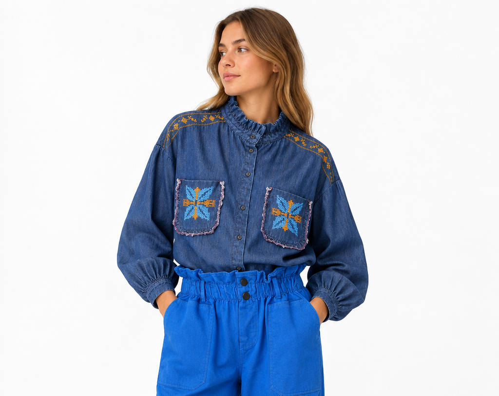 Dark Denim Shirt Embroidery Ruffled Neck