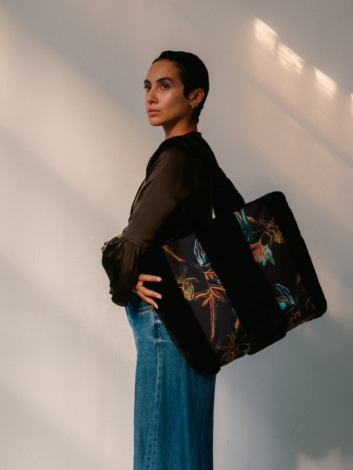 Fern Black Silk Large Tote Bag