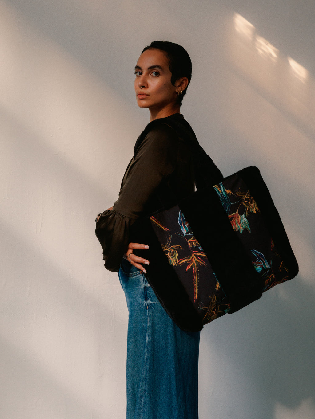 Fern Black Silk Large Tote Bag