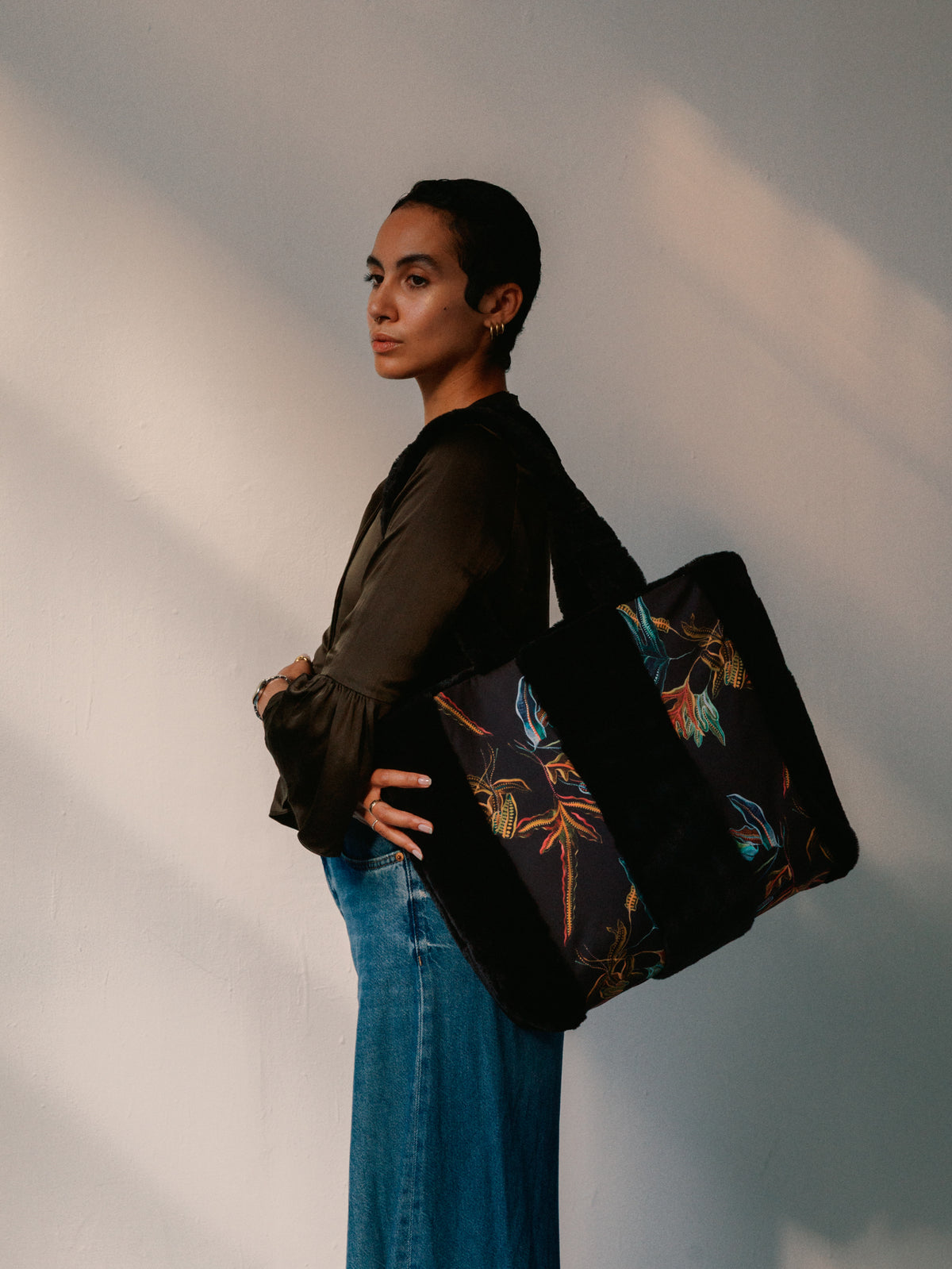 Fern Black Silk Large Tote Bag