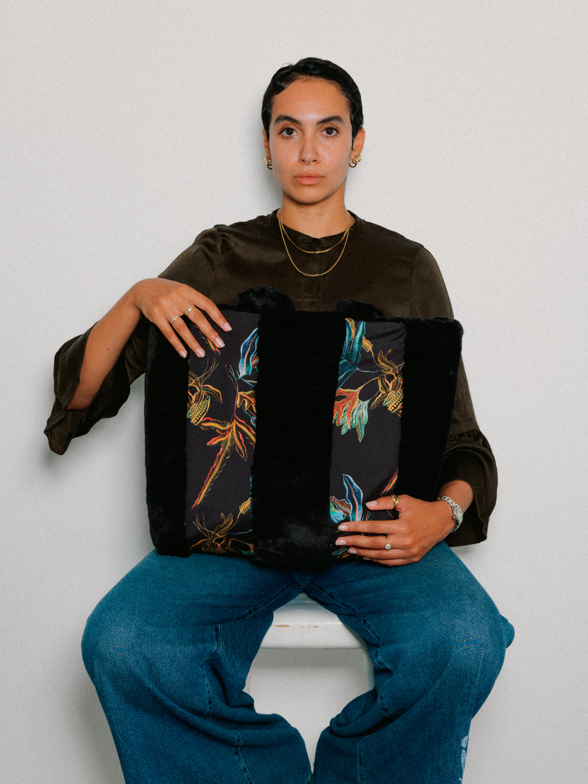 Fern Black Silk Large Tote Bag