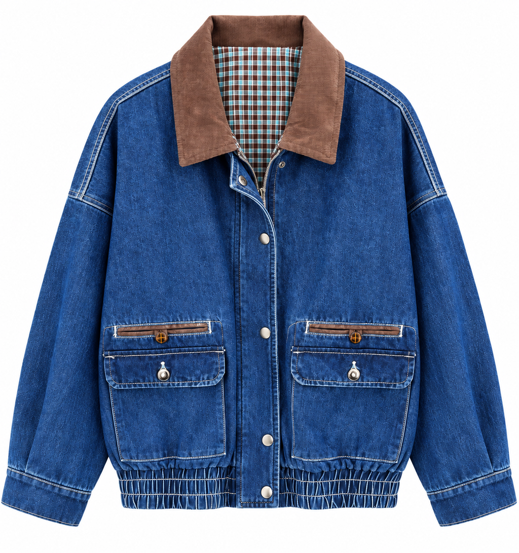 Denim Vintage Bomber Jacket with Curdoroy Neck