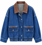 Denim Vintage Bomber Jacket with Curdoroy Neck