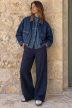 Checked Dark Blue & White Wide Pants