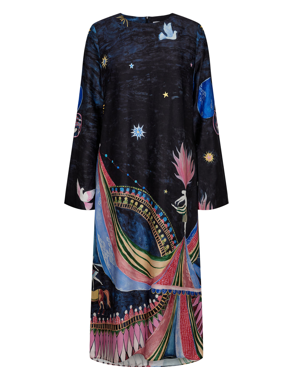 Long-sleeve dress with colorful abstract patterns on a white background