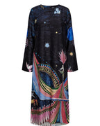 Long-sleeve dress with colorful abstract patterns on a white background