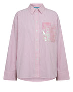 Pink and white striped shirt with a sequin pocket on a white background