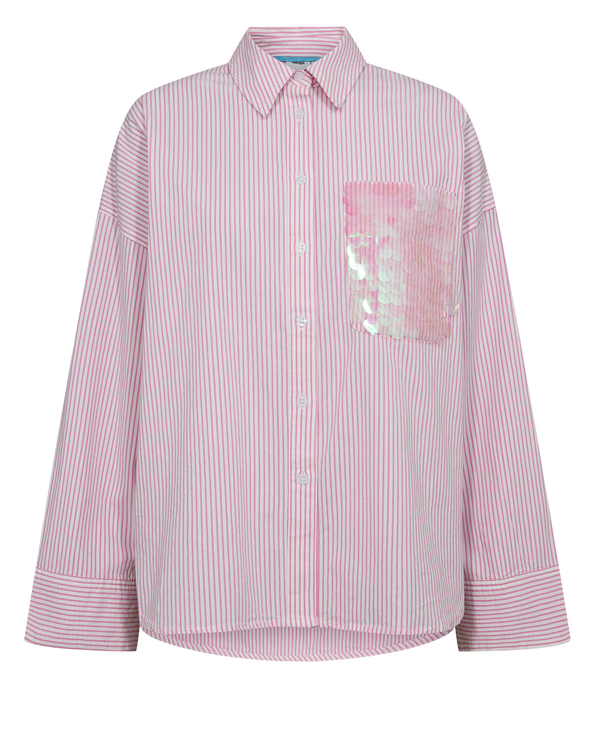 Pink and white striped shirt with a sequin pocket on a white background