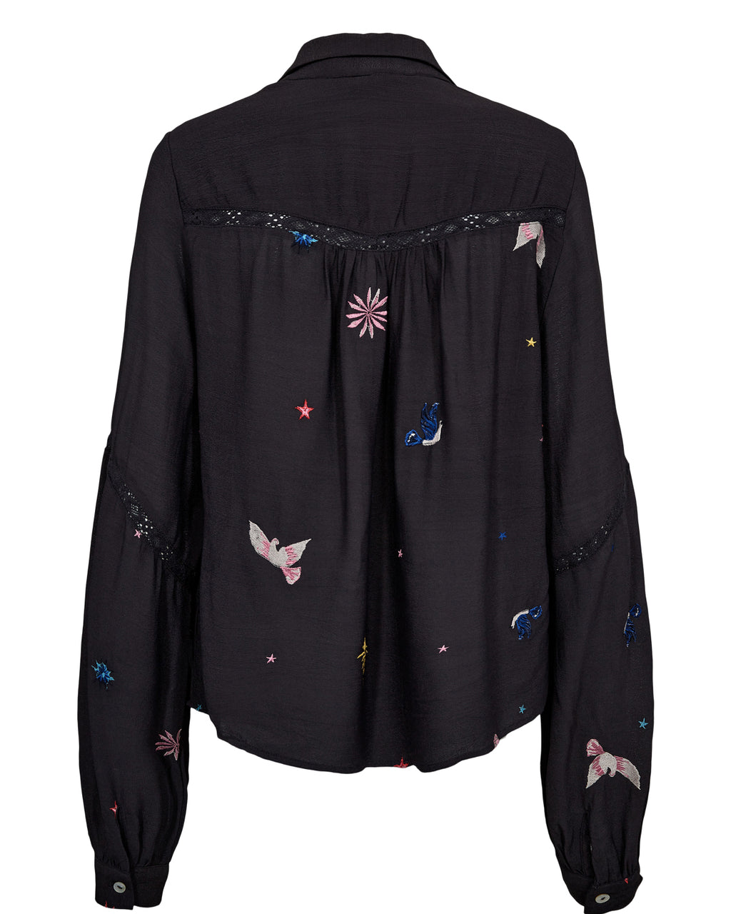 Black shirt with colorful embroidery on a white background