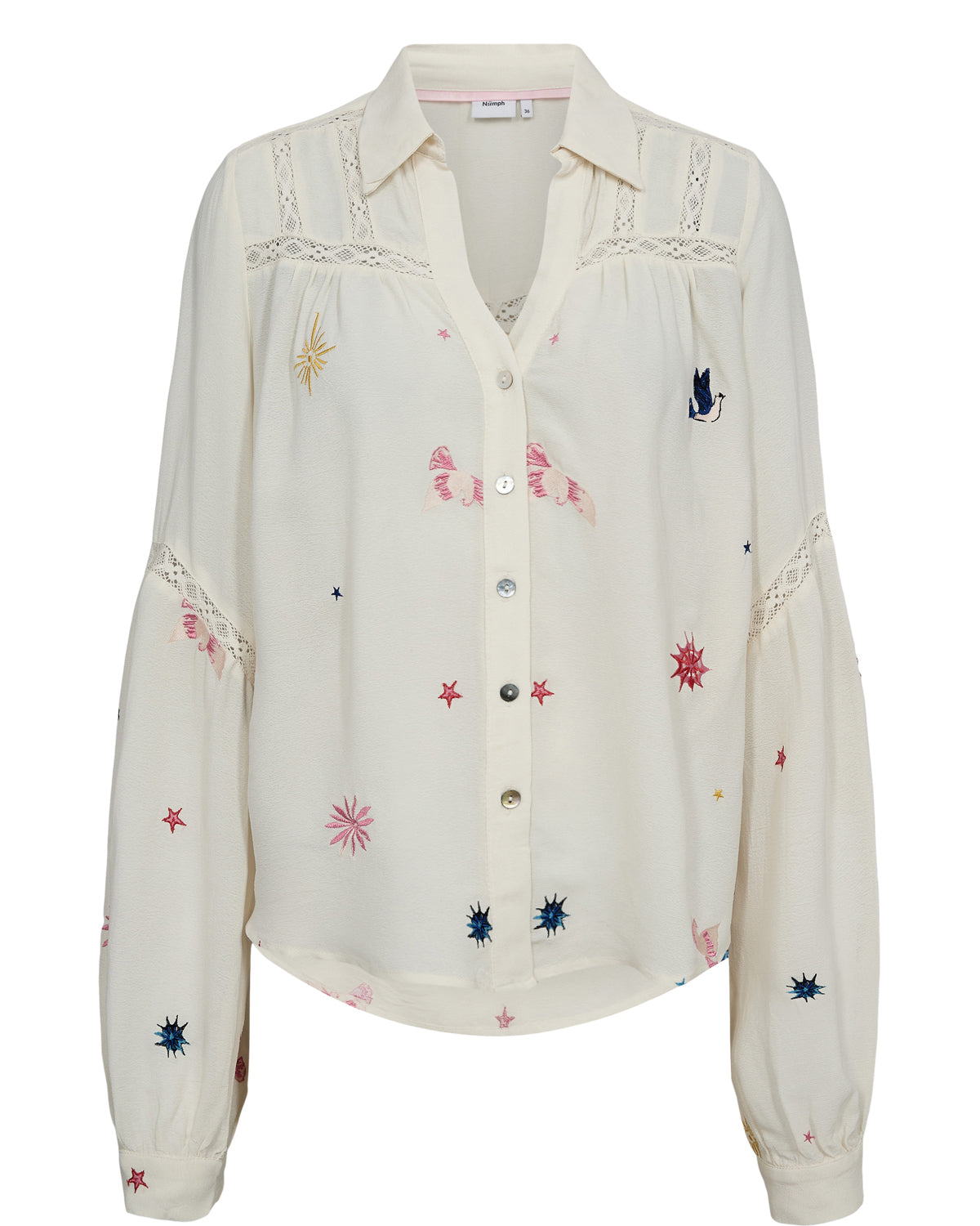 White blouse with colorful embroidery on a white background