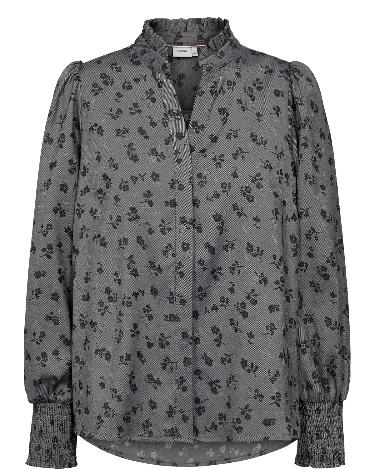 Gray floral-patterned blouse on a white background