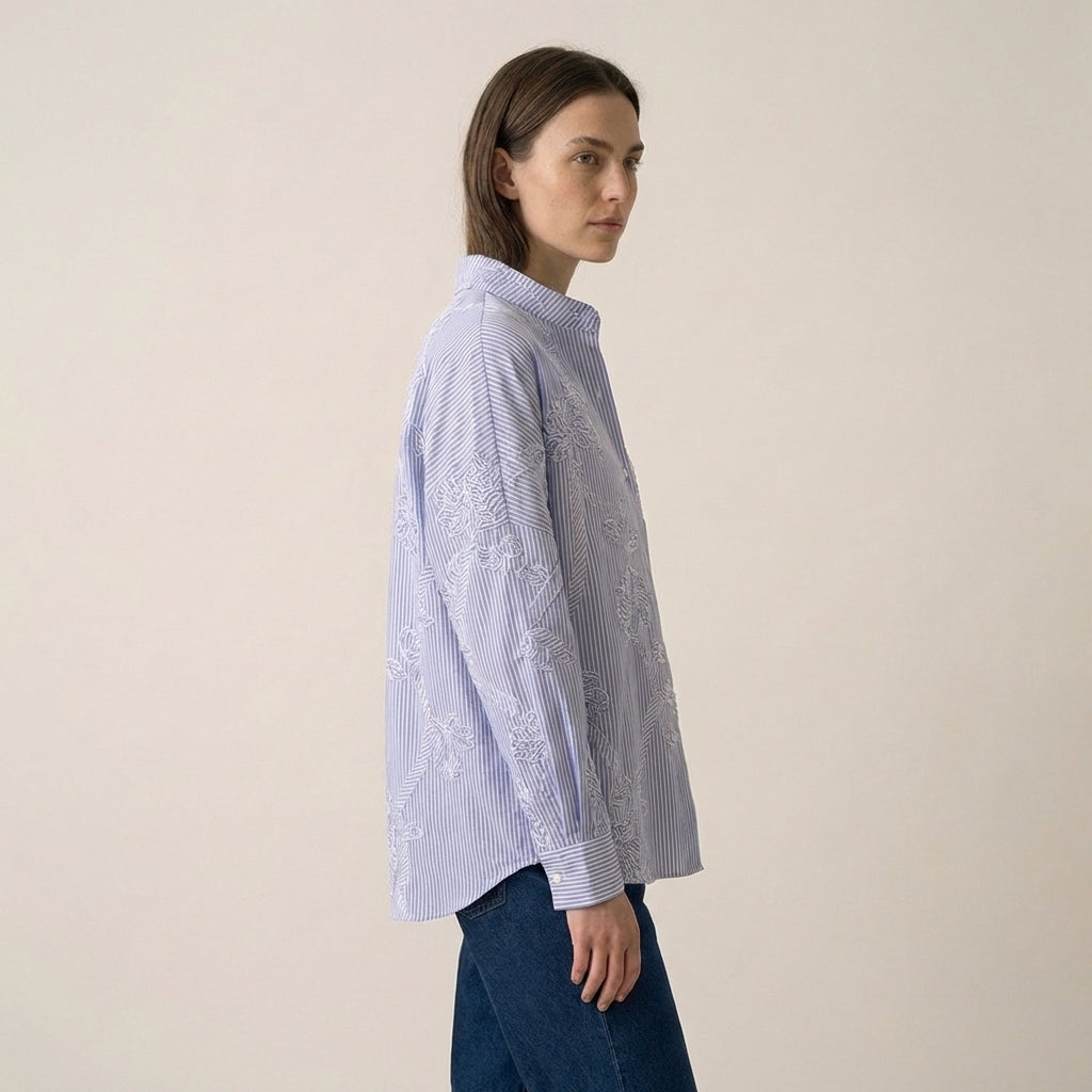 Baby Blue Shirt with Embroidered Printed Flowers