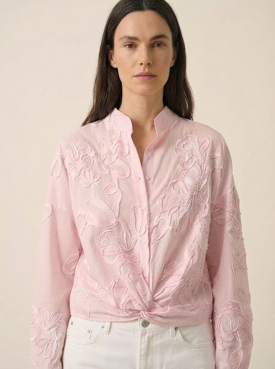 Baby Pink Shirt with Embroidered Printed Flowers