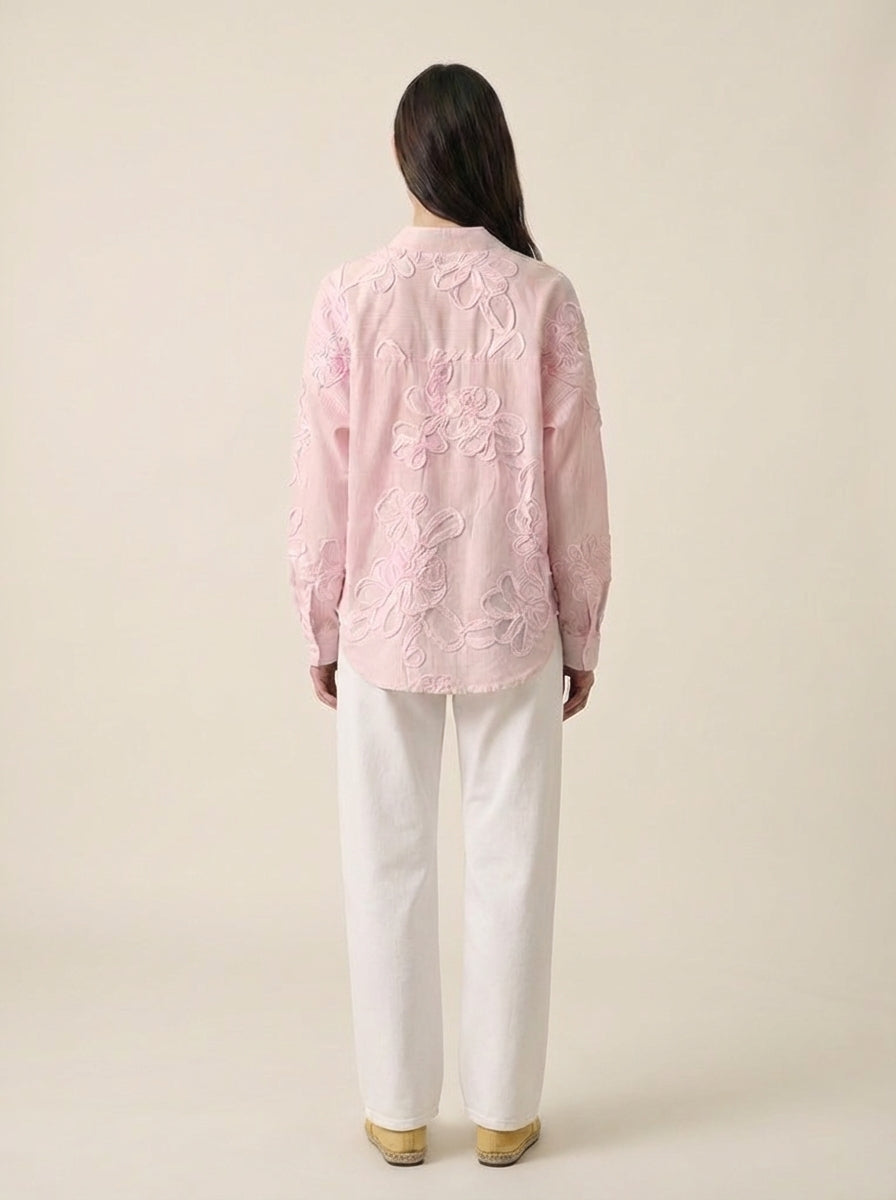 Baby Pink Shirt with Embroidered Printed Flowers