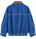 Denim Vintage Bomber Jacket with Curdoroy Neck