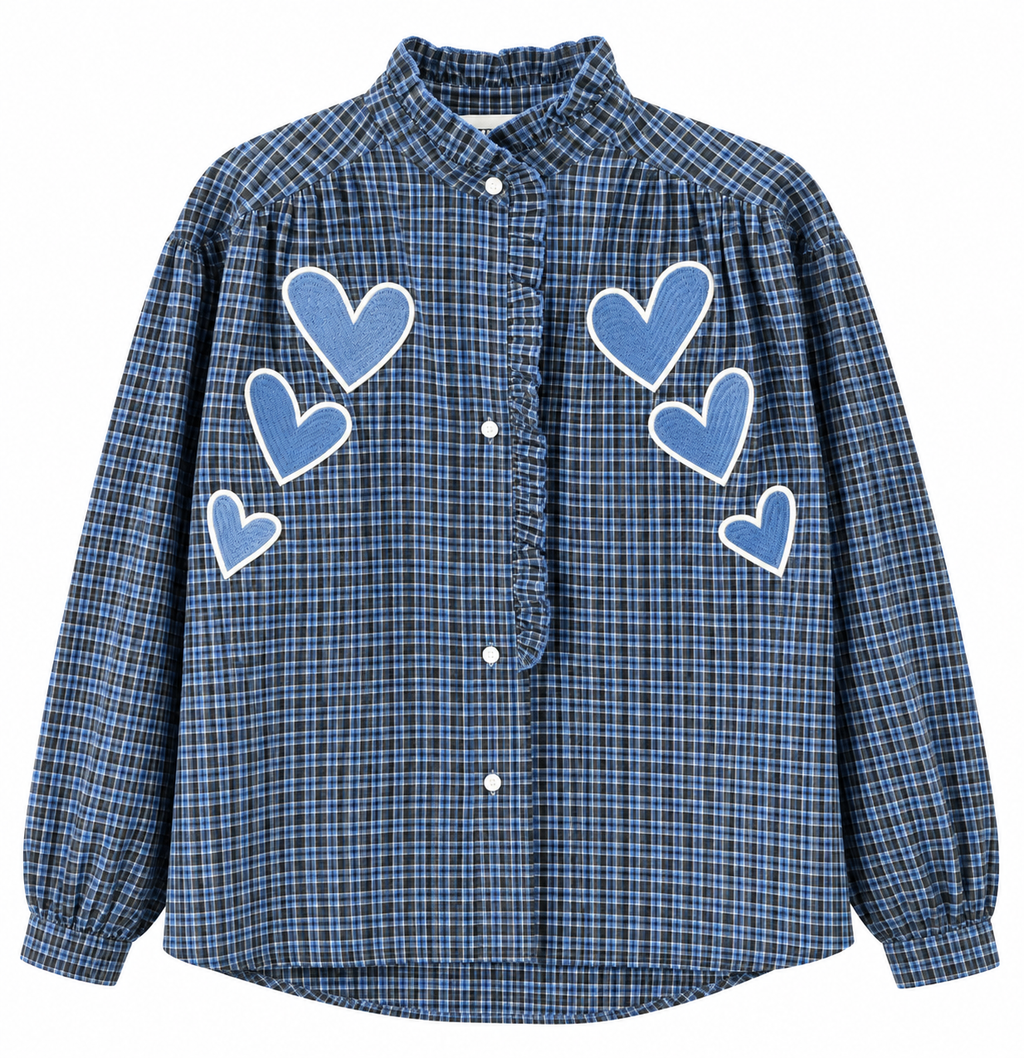 Checkquered  Shirt Blue Hearts Embroidery