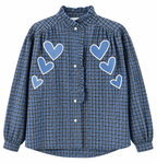 Checkquered  Shirt Blue Hearts Embroidery