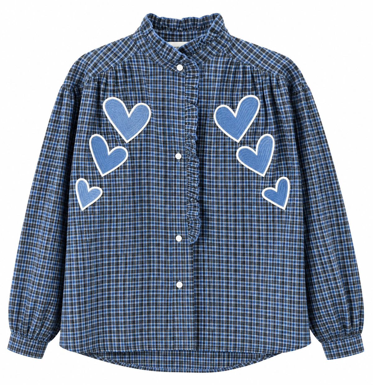 Checkquered  Shirt Blue Hearts Embroidery