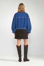 Denim Vintage Bomber Jacket with Curdoroy Neck
