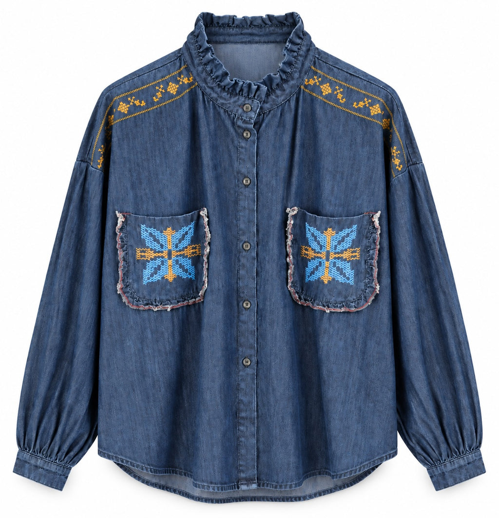 Dark Denim Shirt Embroidery Ruffled Neck