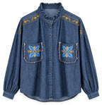 Dark Denim Shirt Embroidery Ruffled Neck