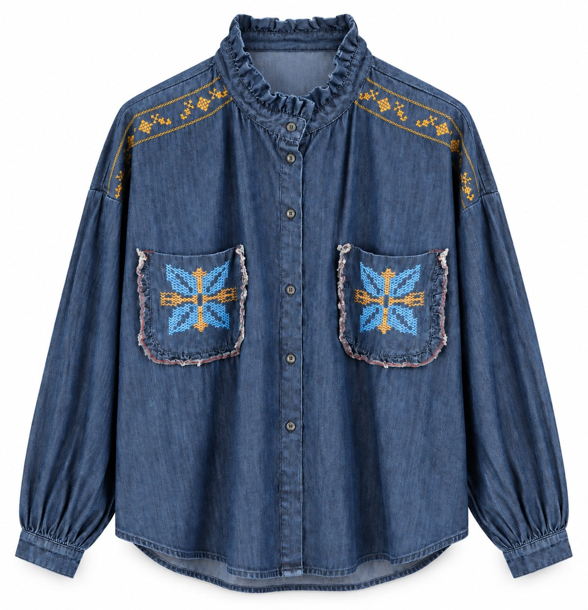 Dark Denim Shirt Embroidery Ruffled Neck
