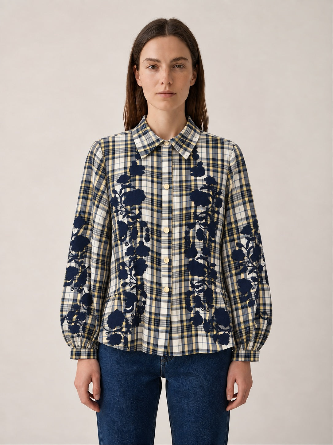 Chequered Shirt Emroidered Flowers and Ruffles