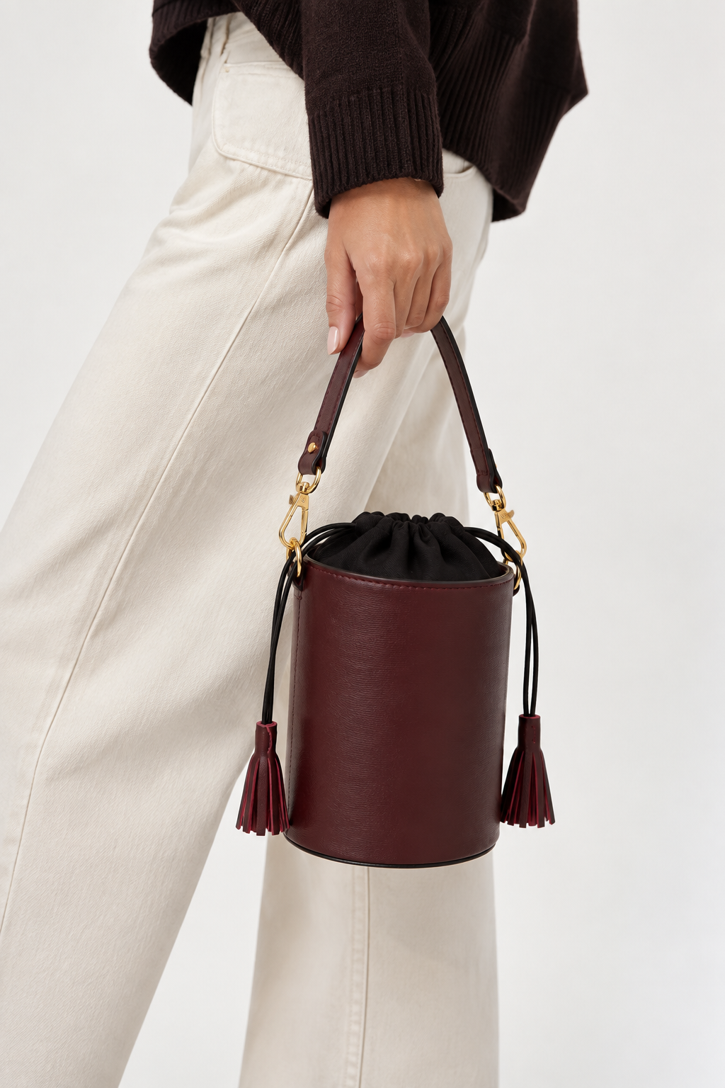 Burgundy leather bucket bag