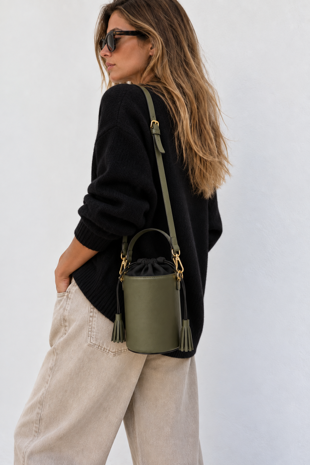Olive leather bucket bag
