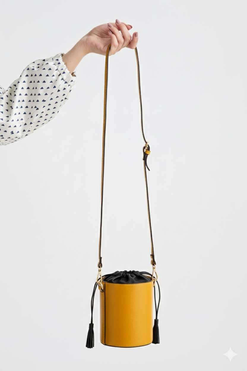 Yellow bucket bag with a strap held by a hand against a white background