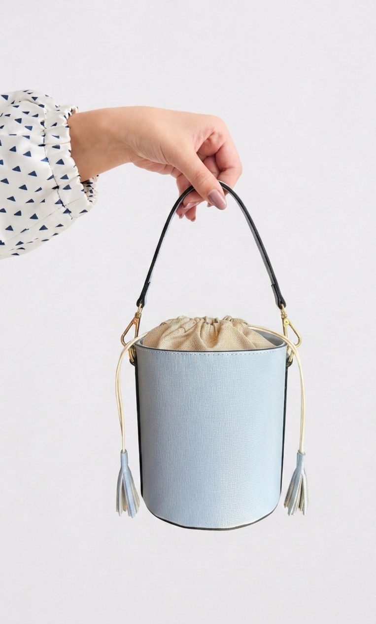 Light Blue leather bucket bag - white lining