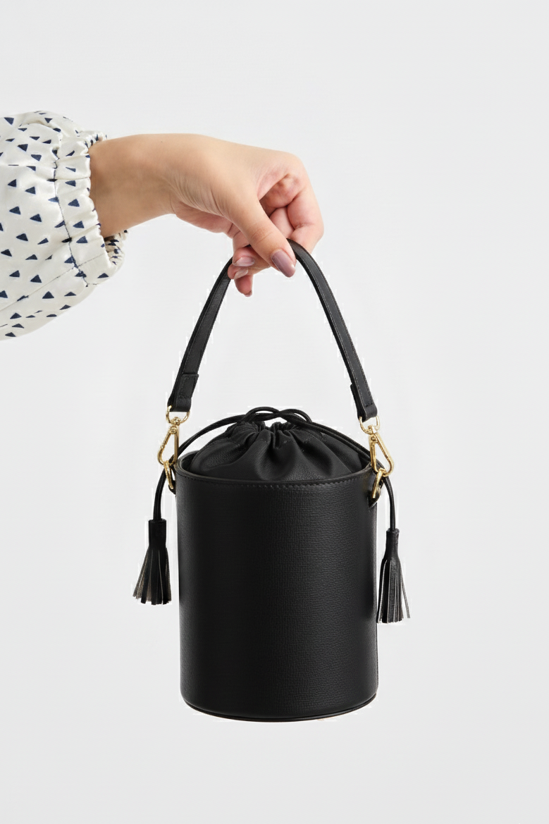 Black leather bucket bag