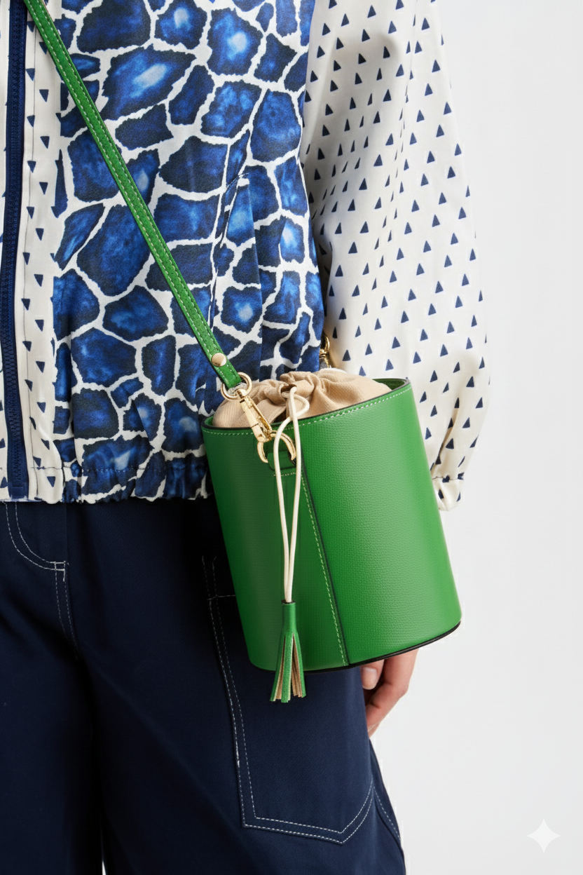Green leather bucket bag