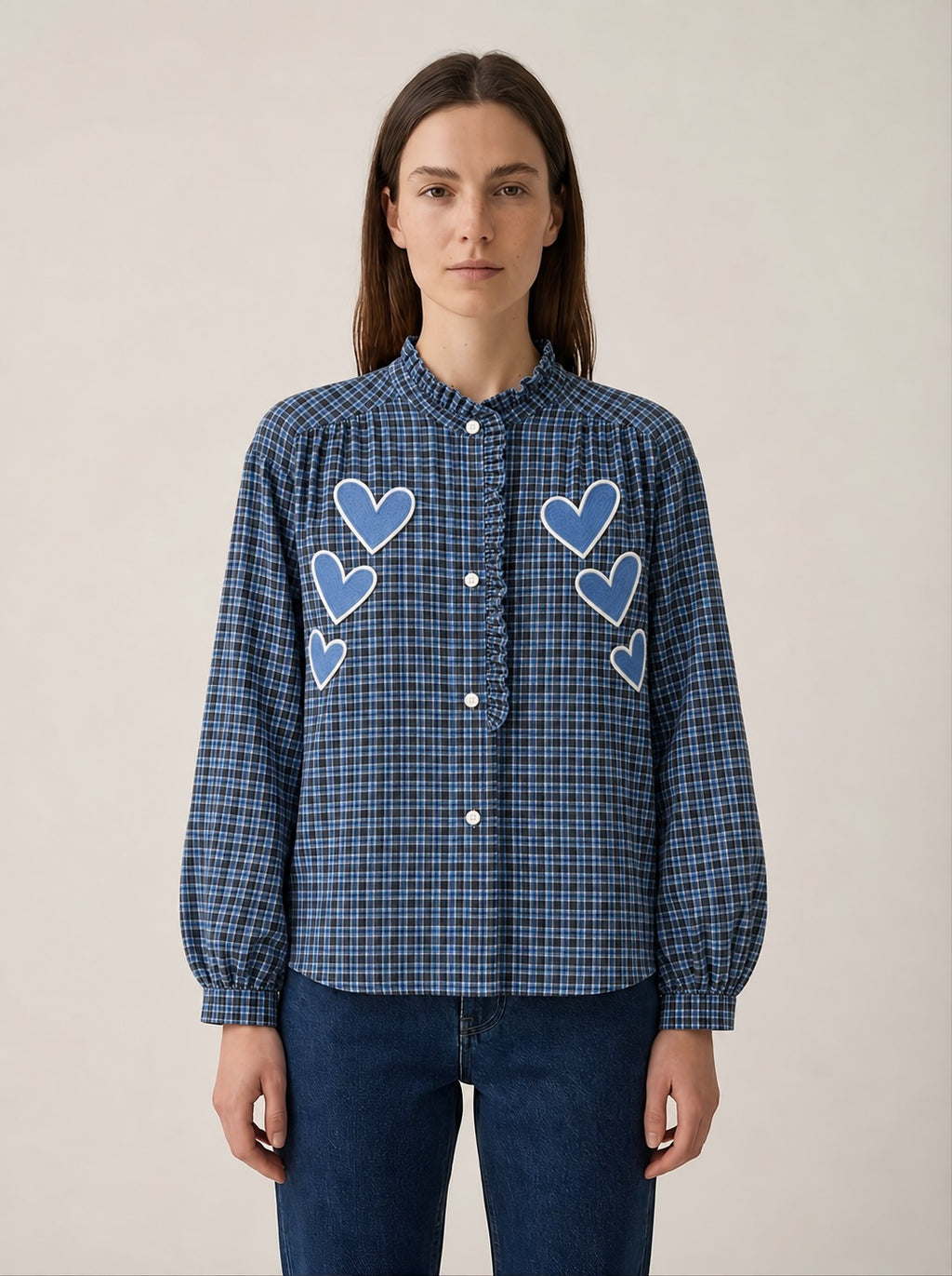 Checkquered  Shirt Blue Hearts Embroidery