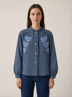 Checkquered  Shirt Blue Hearts Embroidery