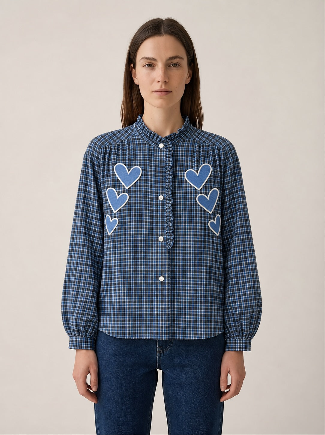 Checkquered  Shirt Blue Hearts Embroidery