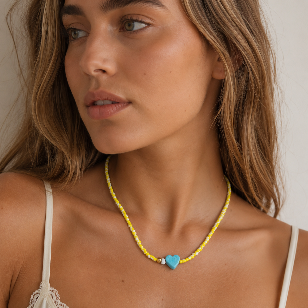 Yellow Heart Beaded Necklace